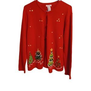 Traditions embellished embroidered Christmas cardigan sweater button up lg